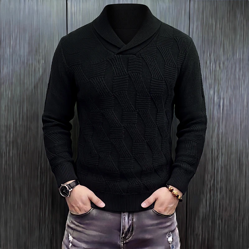 Men's Shawl Collar Textured Knit Sweater, Geometric Embossed Pattern Long Sleeve Soft Warm Casual Pullover Knitted Jumper