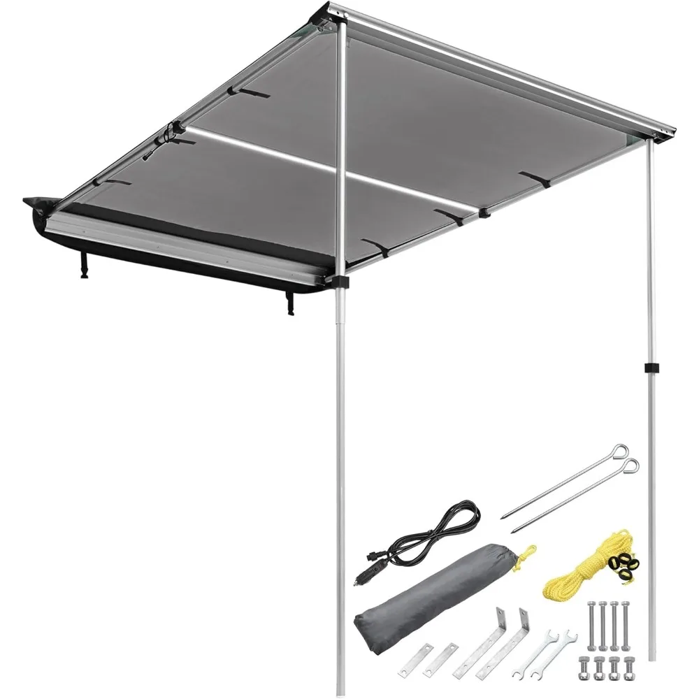 

Vehicle Awning with LED Light, 4.6x6.6FT Roof Rack Pull-Out Awning Telescoping Poles, Car Side Tent Shelter (Grey, 4.6x6.6FT)