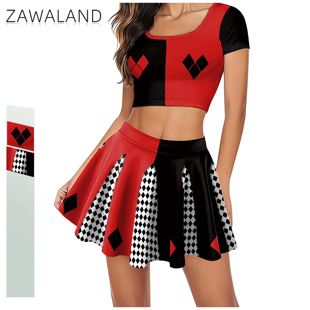 

Movie Clown Cosplay Costume Halloween Harry Q Party Outfit Red Black Crop Top Performance Pleated Skirt Carnival Holiday Dresses
