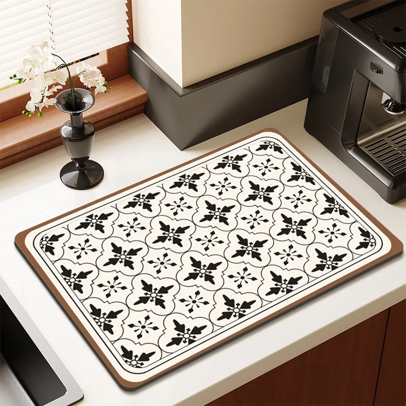 Boho Floral Kitchen Dish Drying Mat Non-Slip Rubber Backing Coffee Station Pad Waterproof Counter Mat Quick Dry Washable