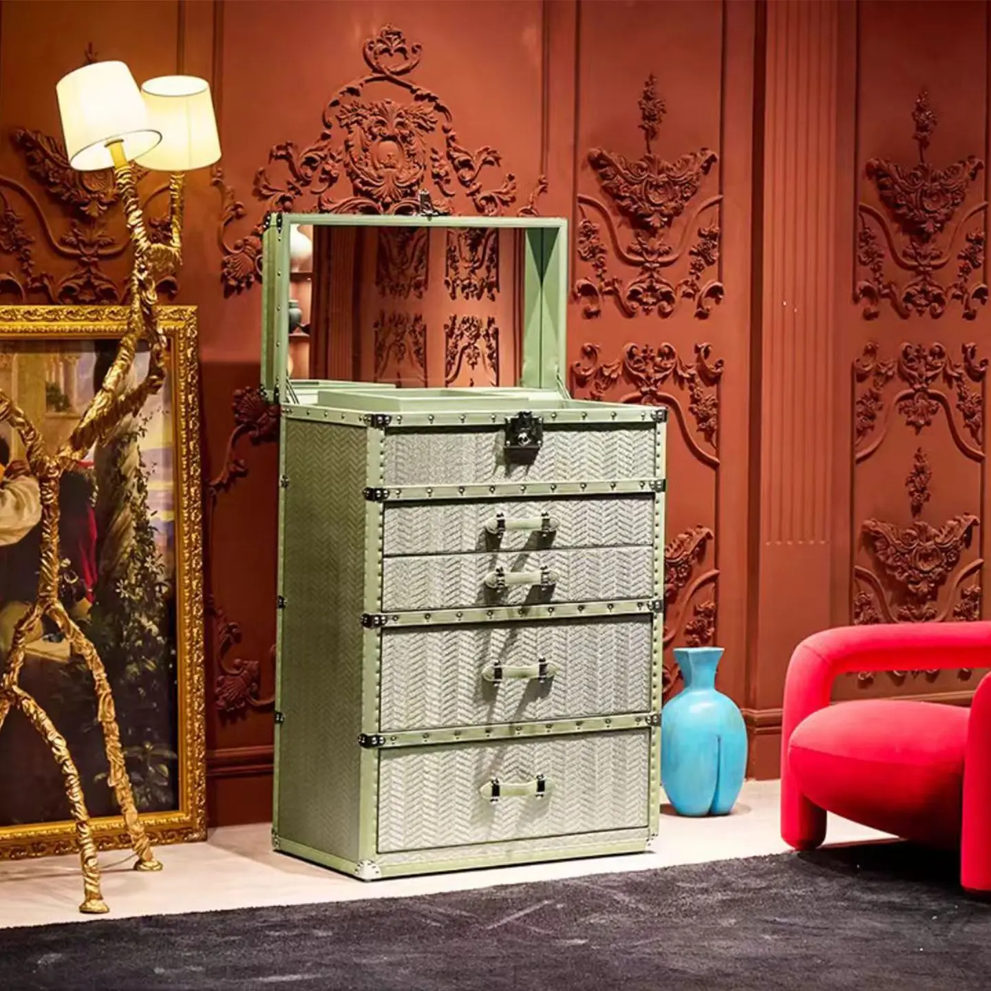 Italian light luxury stainless steel chest, villa decoration storage cabinet