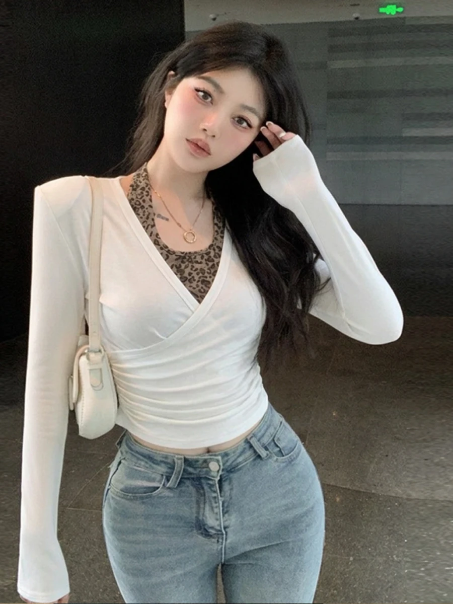 American Style Hot Girl New Irregular Pleated Leopard Print Neck Hanging False Two-Piece V-Neck Long Sleeve T-Shirt Slimming ...