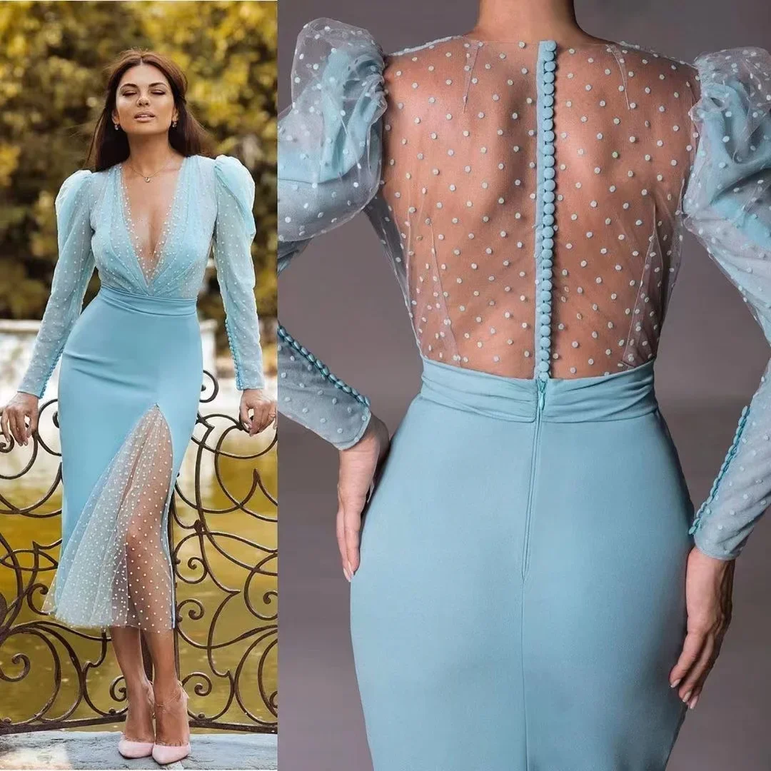 Deep V Neck Women Evening Dress Tea Length Dot Tulle Buttons Sexy Back Cocktail Party Gowns Long Sleeves Club Prom Dress