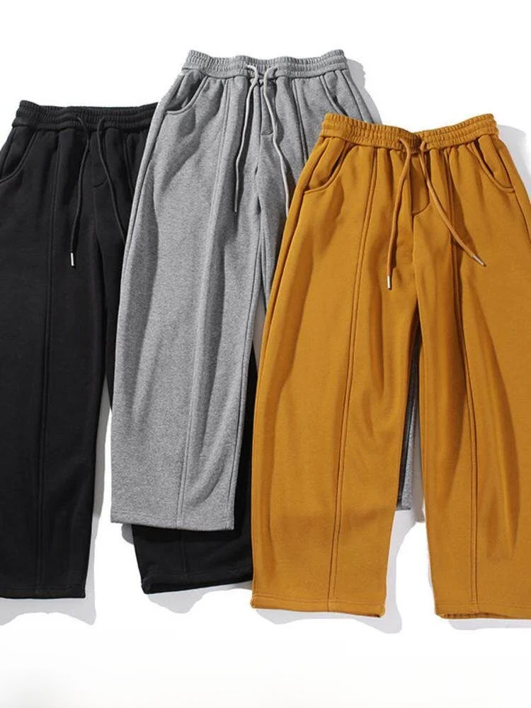 Thickened Fleece! 3D Seaming! Autumn Winter Men's Outdoor Elastic Waist Sports Casual Loose Straight Leg Pants Trendy