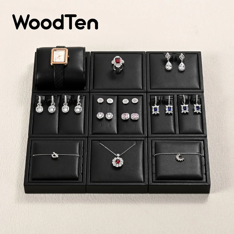 

WoodTen Black Leather Jewelry Display Prop High end Ring Jewelry Organizer Earring Necklace Bracelet Watch Jewelry Display Stand