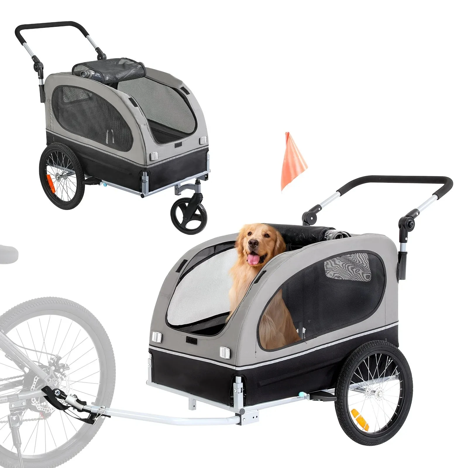 2-in-1 Pet Stroller Cart Bicycle Carrier, Easy Folding Cart Frame with Quick Release Wheels, Dog Bike Trailer capacity 30-50kg