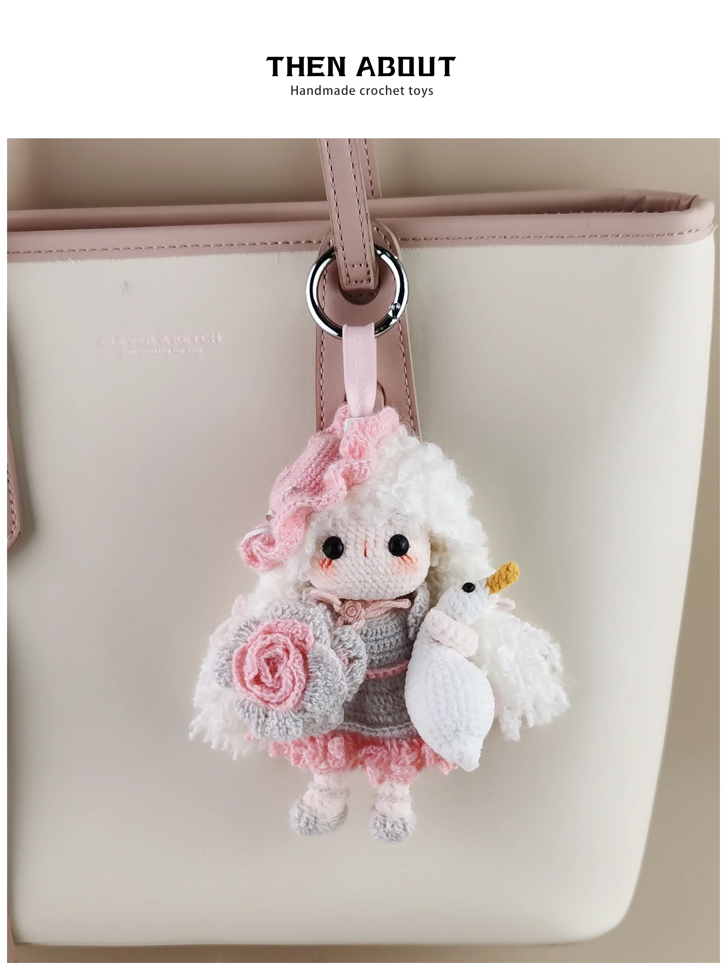 Handmade Crocheted Fine Pink Rose Goose Sister Bag Charm Keychain Luxury Gift Fashionable Accessory for Handbags