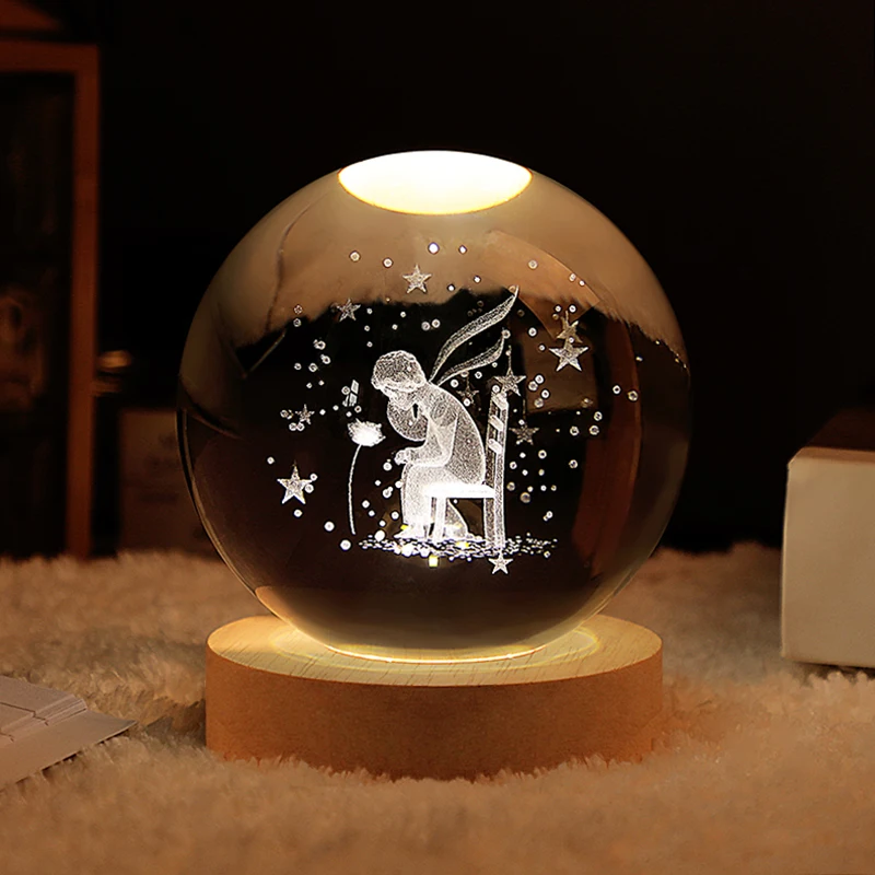 Boule de cristal lumineuse LED avec système solaire, décoration d'intérieur, petit prince, globe avec support, cadeau d'anniversaire, 6 cm, 8cm