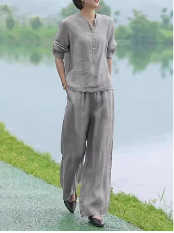 طقم ريترو زن من القطن والكتان irt طقم نسائي صيفي رقيق من Seven Sve بنطال ذو قصة أرجل واسعة مكون من قطعتين مريح للتنفس