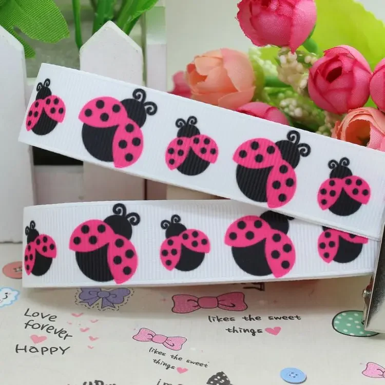 DHK 7/8'' 5yards ladybug printed grosgrain ribbon hair bow diy party decoration OEM Wholesale 22mm E684