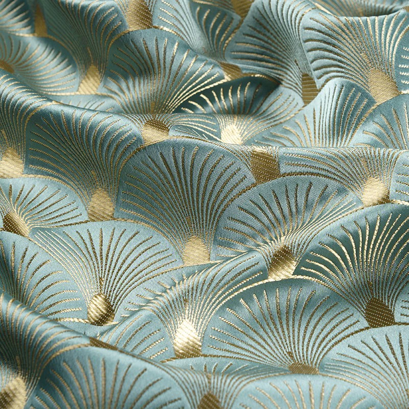 

50x150cm Shiny Gold Luster Blue Jacquard Fabric Fan Shaped Ginkgo Leaf Woven Brocade Fabric For Diy Cheongsam Dress Jacket