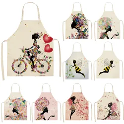 1Pc Cotton Linen Flower Butterfly Girl Printed Kitchen Aprons for Women Home Cooking Baking Waist Bib Pinafore 55x68cm