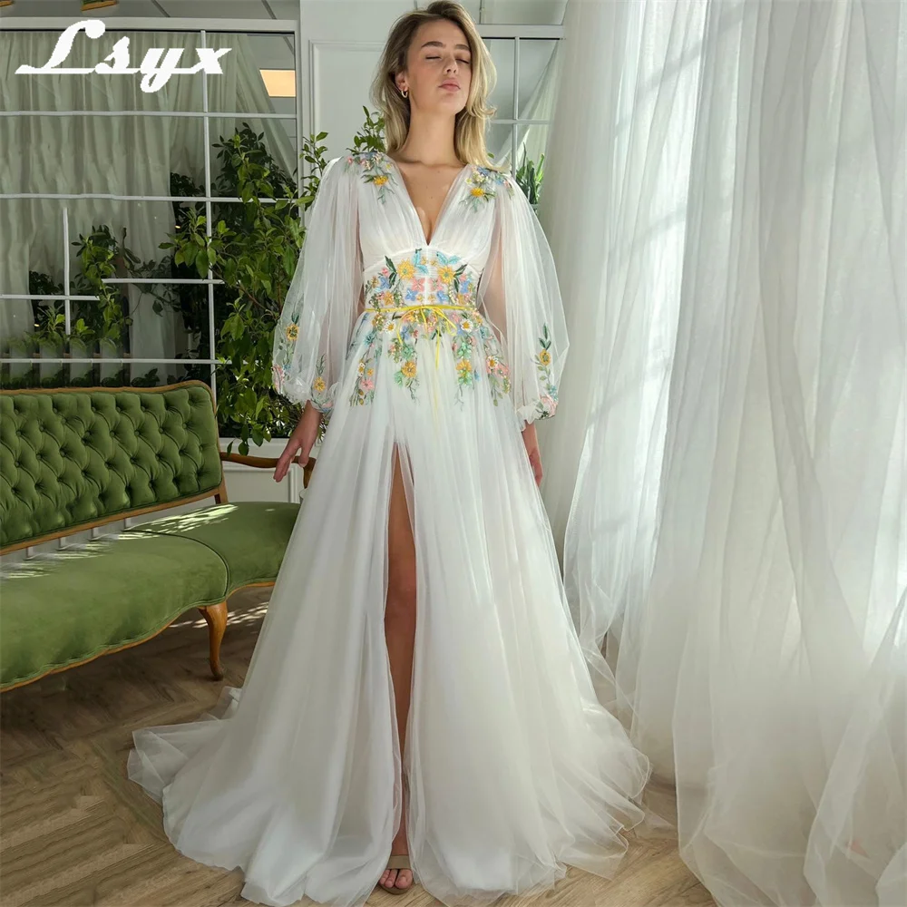 LSYX Tulle V Neck Embroidery Long Sleeves Evening Dress High Slit A Line Floor Length Prom Party Gown vestidos de fiesta