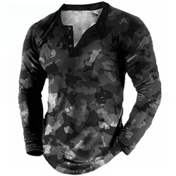 Autumn Camouflage 3D Print Henley Shirts Men's Fashion Streetwear Vintage Button-Down Long Sleeve T Shirt Man Tees Tops Clothing