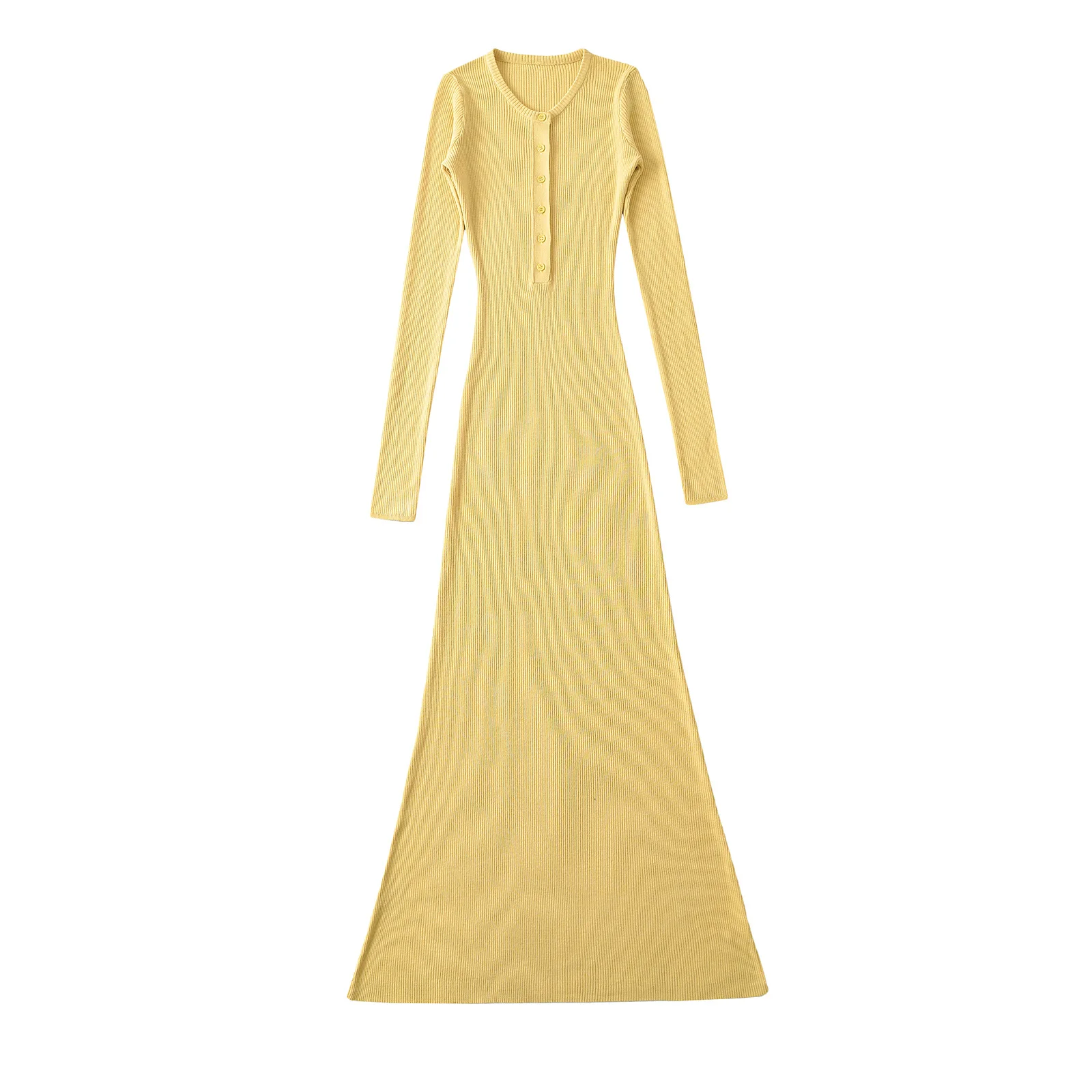 Pure Desire Soft Long Sve Knitted Dr Wanita Slim Fit bulat Ne Single Button Base Layer Wrap around Long Skirt