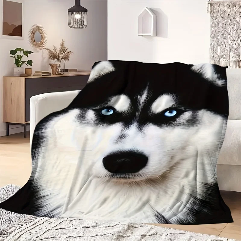 Contemporary Husky Print Flannel Fleece Throw Blanket, All-Season Knitted Polyester Blanket Machine Washable for Sofa Camping Tr