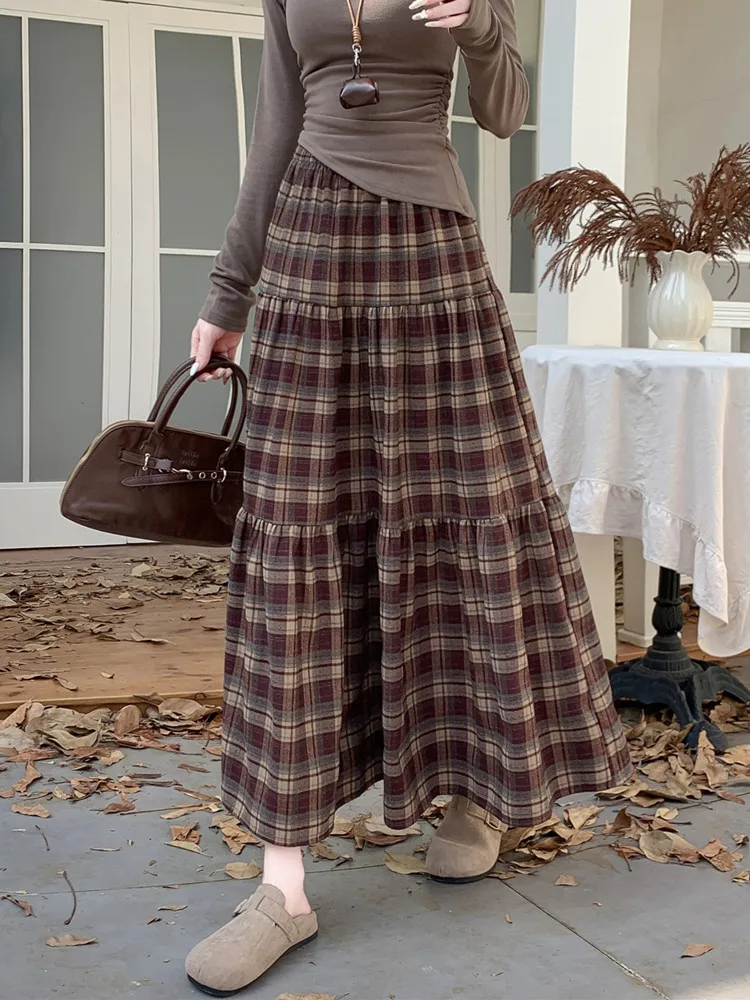 

Осенняя черная клетчатая плиссированная длинная юбка в стиле ретро для женщин Harajuk, модная повседневная юбка трапециевидной формы с высокой талией, Jupe Longue Femme