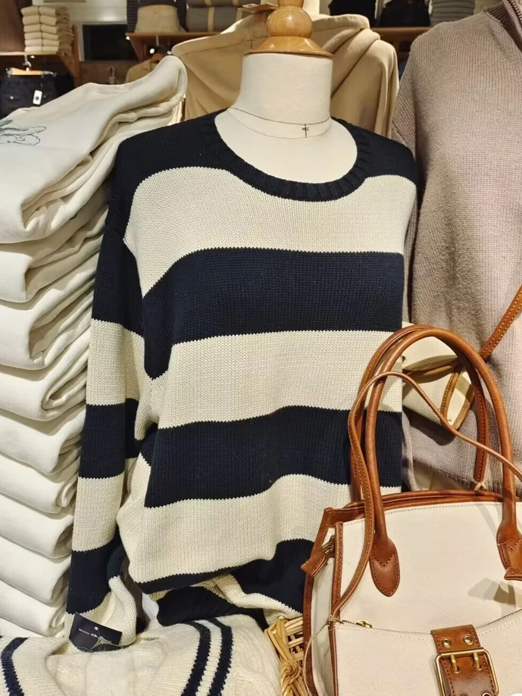 American Vintage Stripes Oversized Sweater Woman Autumn Winter Round Neck Long Sleeve Loose Pullover Preppy Style Sweet Jumpers