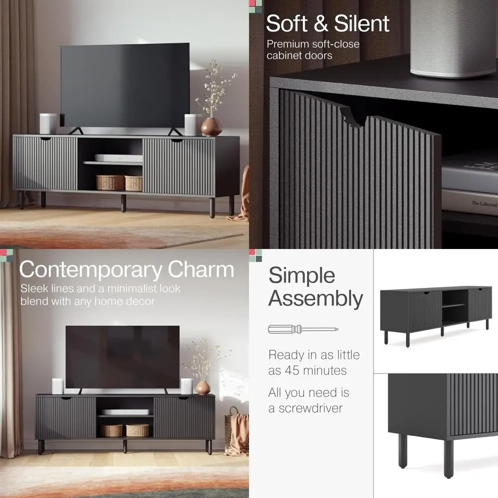 Adjustable Shelf TV Stand with Storage and Cable Management, Black, 70 - Modern Entertainment Center