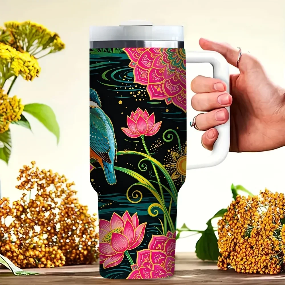 40oz Tumbler with Handle, Decorated with Pink for Lotus Mandala And Kingfisher Print, Suitable for Women for Daily Use, Works for Both Hot And Cold Drinks, Great for Outdoor Travel And Daily Home Use