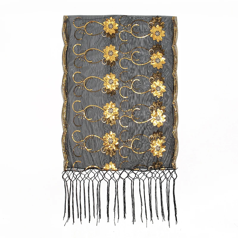 Vintage Flower Tassel Sequin Shawl Scarf Elegant Long Muslim Women Wrap Party Evening Dress Shawl Fringed Wedding Cape Prom