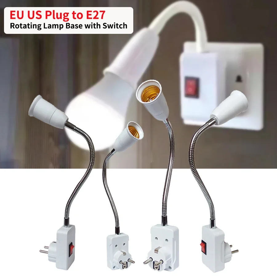 EU US Plug to E27 Lamp Holder 20cm 30cm 50cm Flexible with Switch Rotating Lamp Base Table Lamp Converter Sockets For Light Bulb