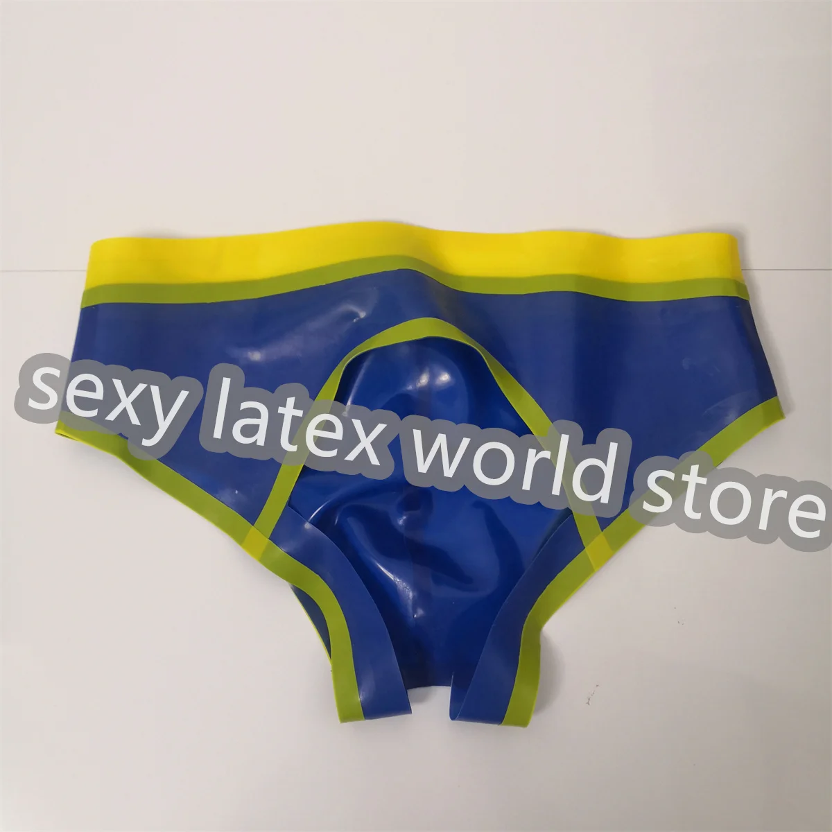 

Latex Briefs Handmade Men Shorts Underwear Open Hip Blue with Yellow Trim