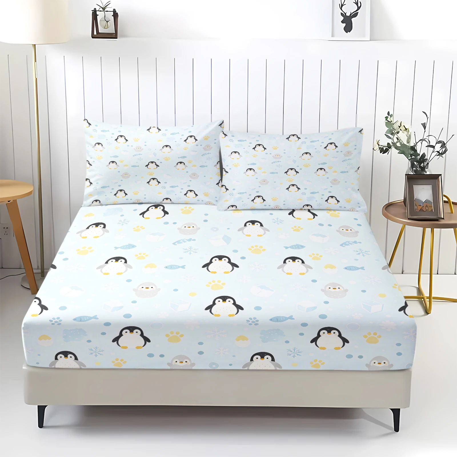 Light Blue Cute Penguin Fitted Sheet Set Cartoon Penguin Paw Snowflake Print Deep Pocket Elastic Mattress Cover with Pillowcases