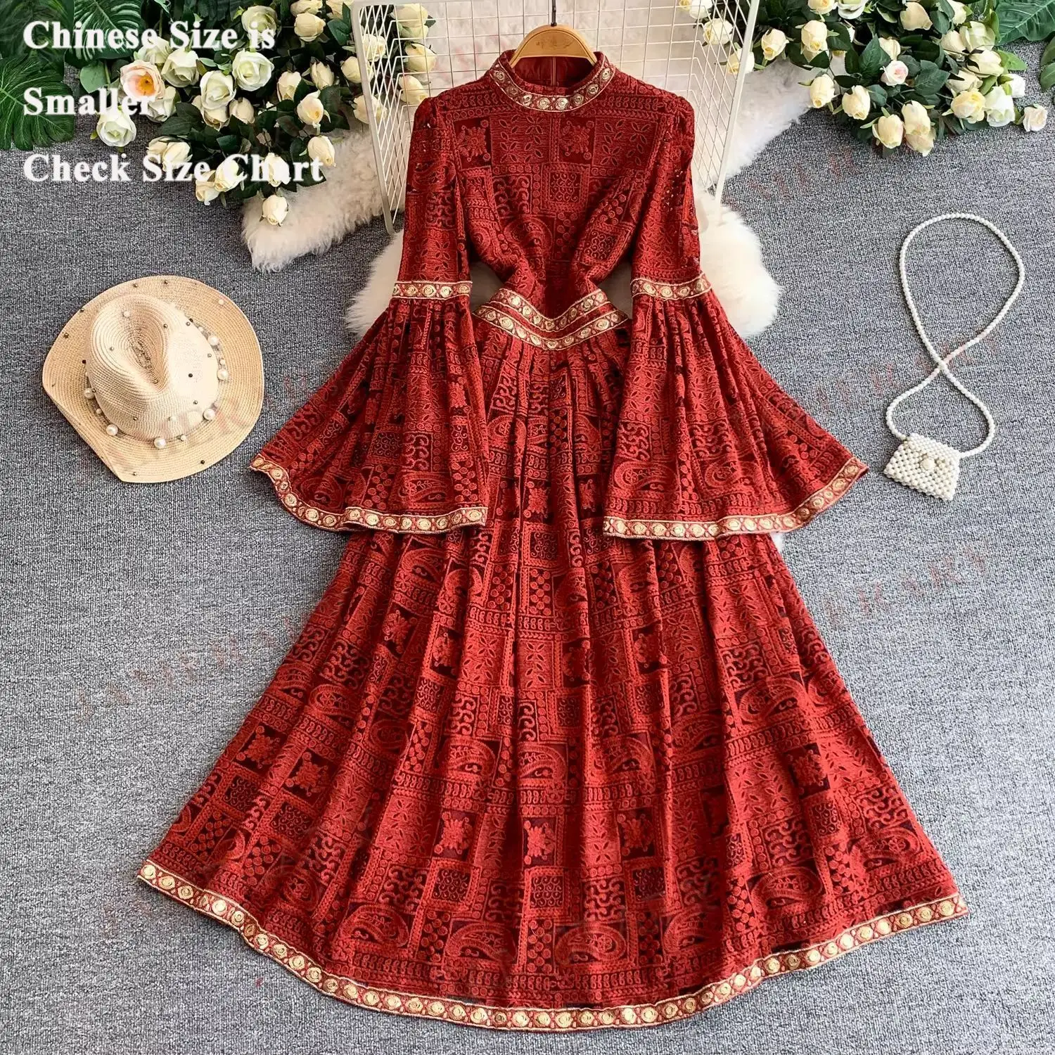 

Elegant Summer Embroidered Sequin Dresses Women Autumn Lantern Long Sleeve Lace Formal Evening Dress Hollow National Vestidos