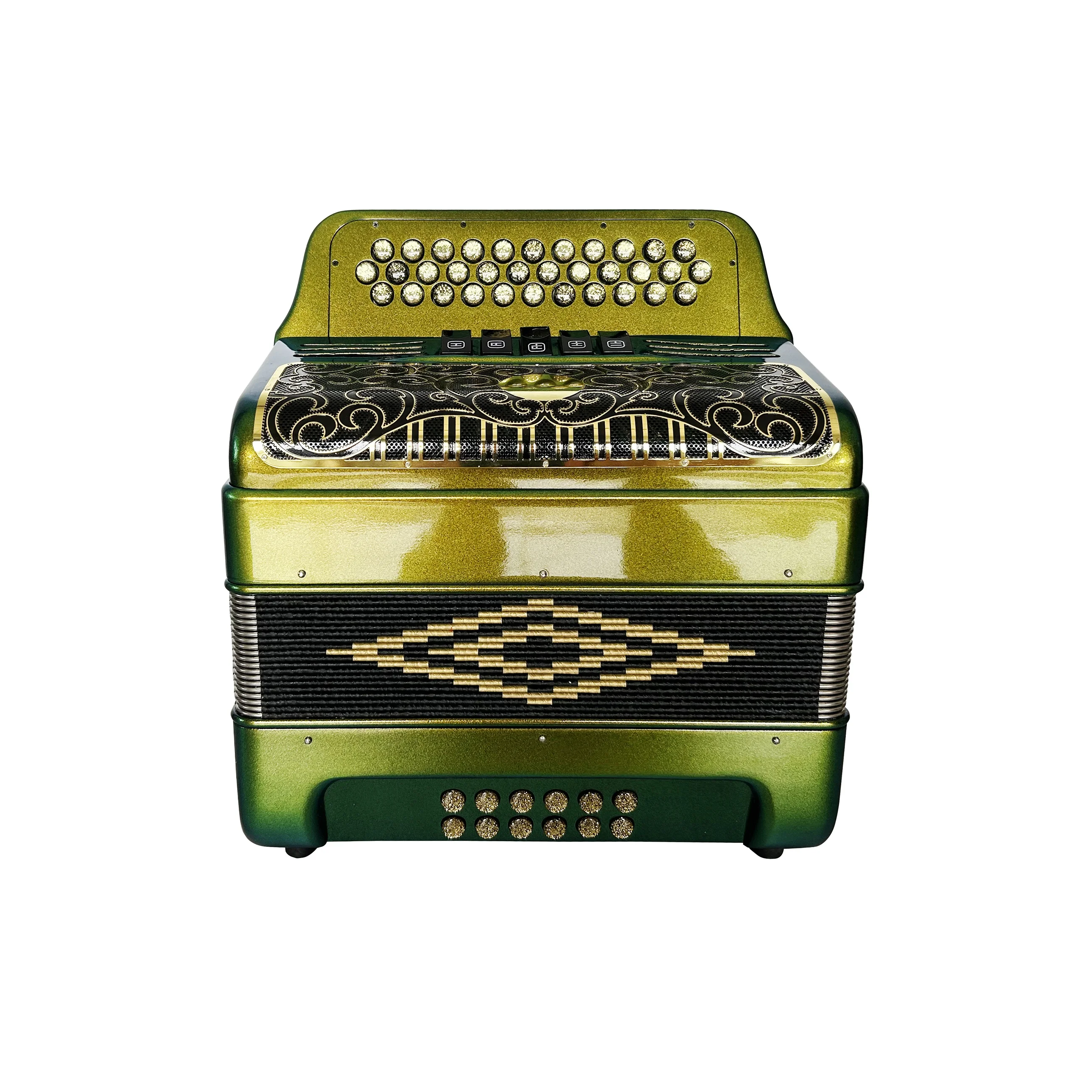 JB3412D Accordion Instrument 34 Buttons 12 Bass 5 Registers Green Orange Chameleon Professional Diatonic Black Gold