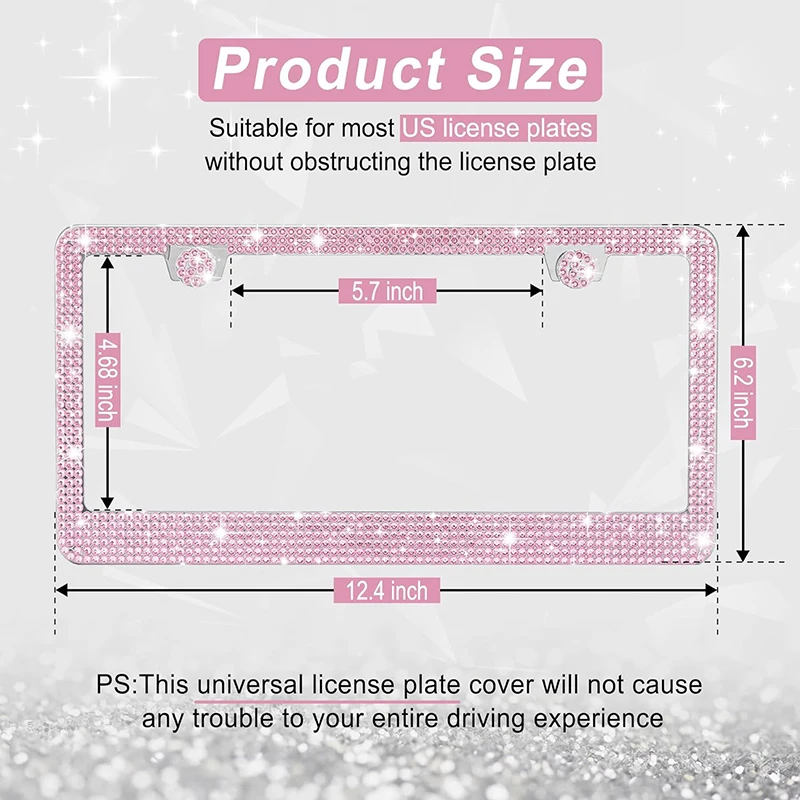 Pink Bling License Plate Frame for Women Rhinestone Crystal Stainless Steel Glitter Bedazzled License PlateFrame Car Accessories