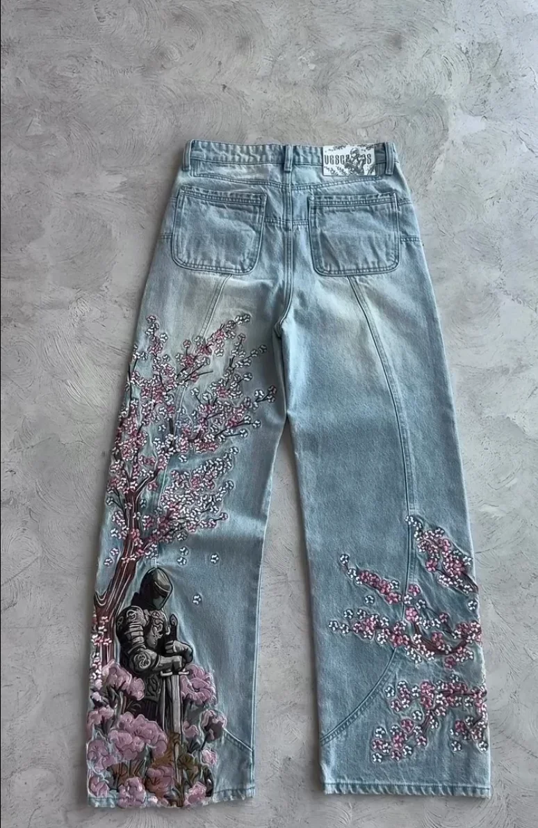 アメリカンレトロ刺繍デニムパンツ 桜柄 Y2K レトロ ルーズ ストリート ストレートジーンズ ハイウエスト ブルー ジーンズ