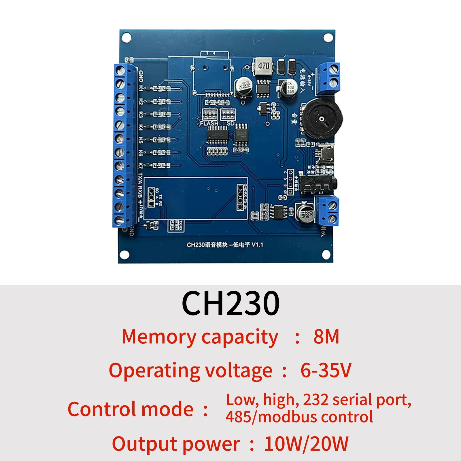 Sound Playback Board,CH230 10W 8MB MP3 Player High/Low Lever/RS232/485 UART I/O Trigger Voice Amplifier Module for Train Station