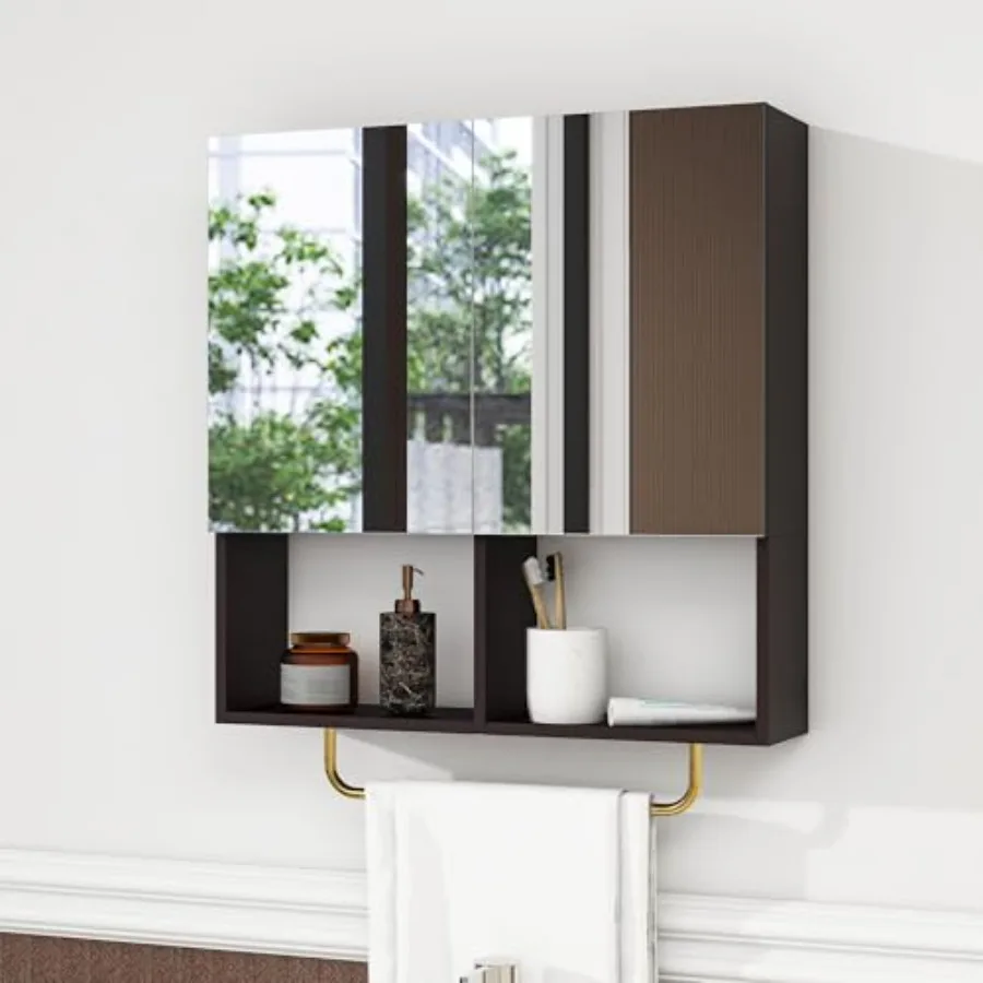 

Wall Mounted Storage Cabinet with Mirror and Adjustable Shelves- Bathroom Medicine Cabinet with Towel Bar for Bathroom Laundary