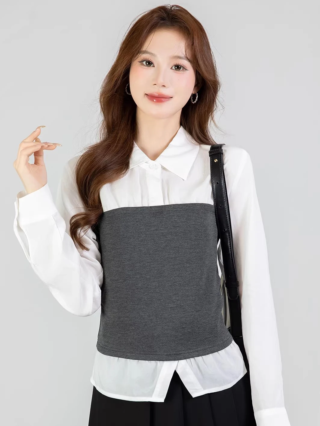 

Spring Pre-Season Long Sve Ladies irt Color Blo Design Versatile Top Flip Collar Fake Two-Piece Sle Regular Fit