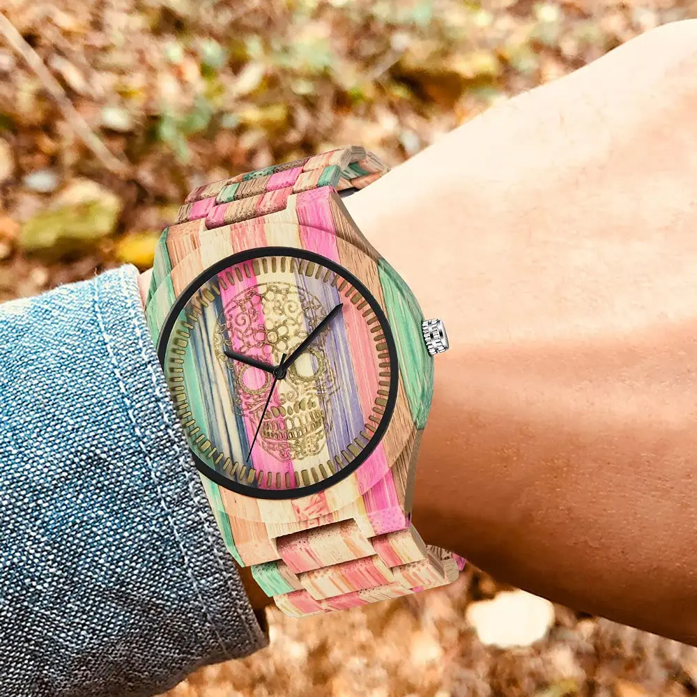 Reloj de cuarzo de madera con patrón de calavera colorida para hombres y mujeres, accesorios de moda urbana de negocios, reloj de madera