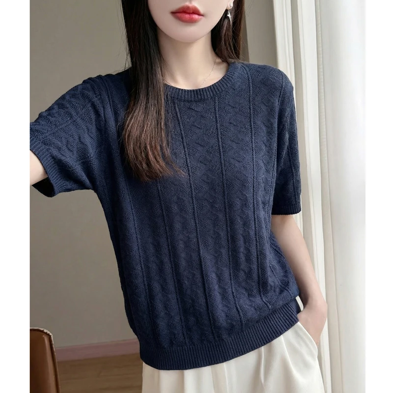 First-line ready-to-wear high-quality round neck rhombic cashmere short-sleeved T-shirt