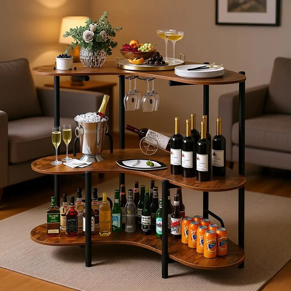 Industrial 3-Tier Bar Table with Storage Shelves, Stemware Racks & Metal Frame - Brown