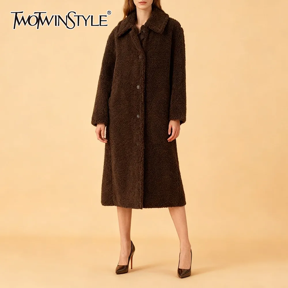 

TWOTWINSTYLE Solid Color Lamb Wool Coat For Women Lapel Long Sleeve Patchwork Single Breasted Casual Midi Length Jacekt Female