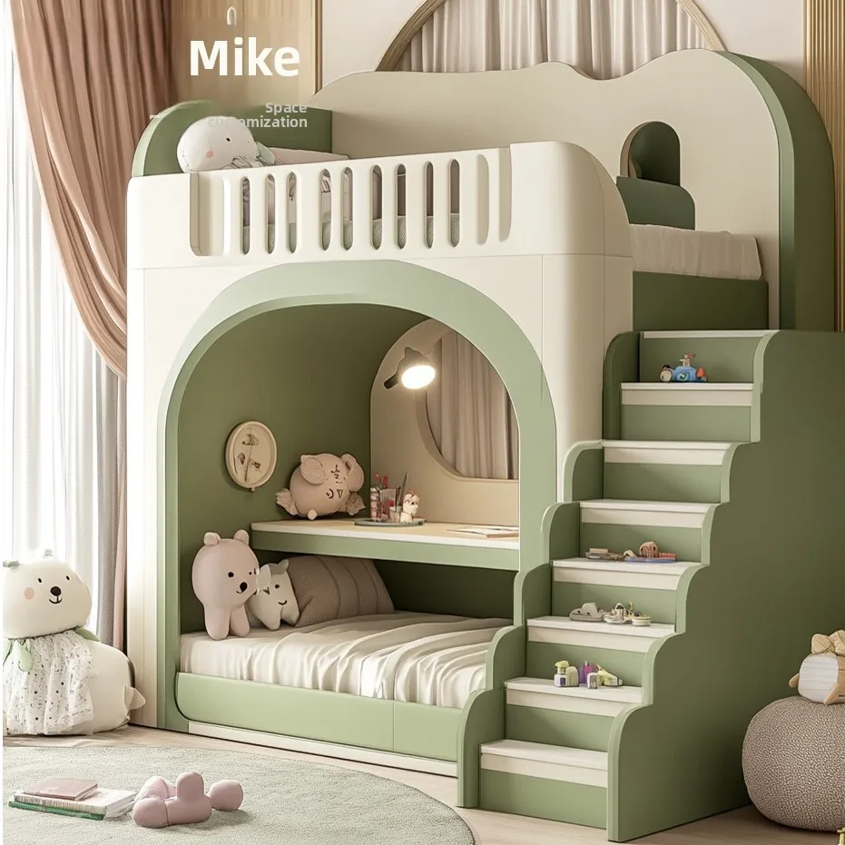 New solid wood theme children's room custom childlike fun raised guardrail upper and lower bunk beds high and low two-child moth