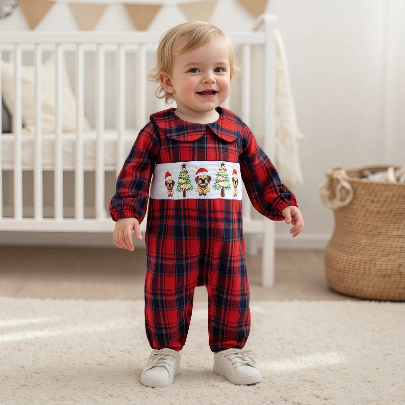 

Xmas Baby Christmas Plaid Romper Tree Dog Embroidered Doll Collar Long Sleeve Jumpsuit Cute Infant Boy Girl Clothes