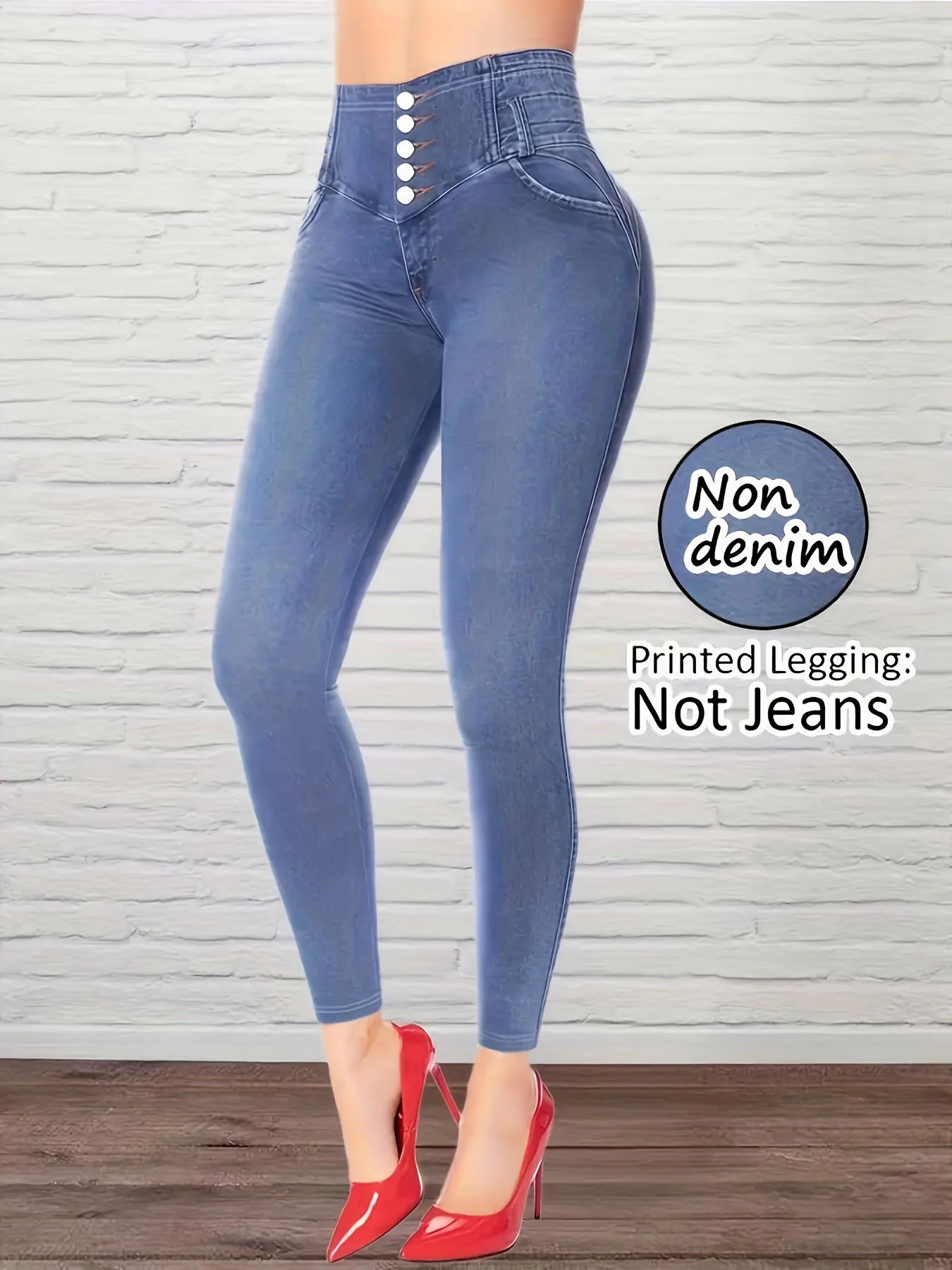 Bedruckte Damenleggings, kein Denim-Stoff, Design mit Scheintaschen und Knöpfen, hochelastische, modische, schmal geschnittene, lässige Skinny-Hose – Detail 4
