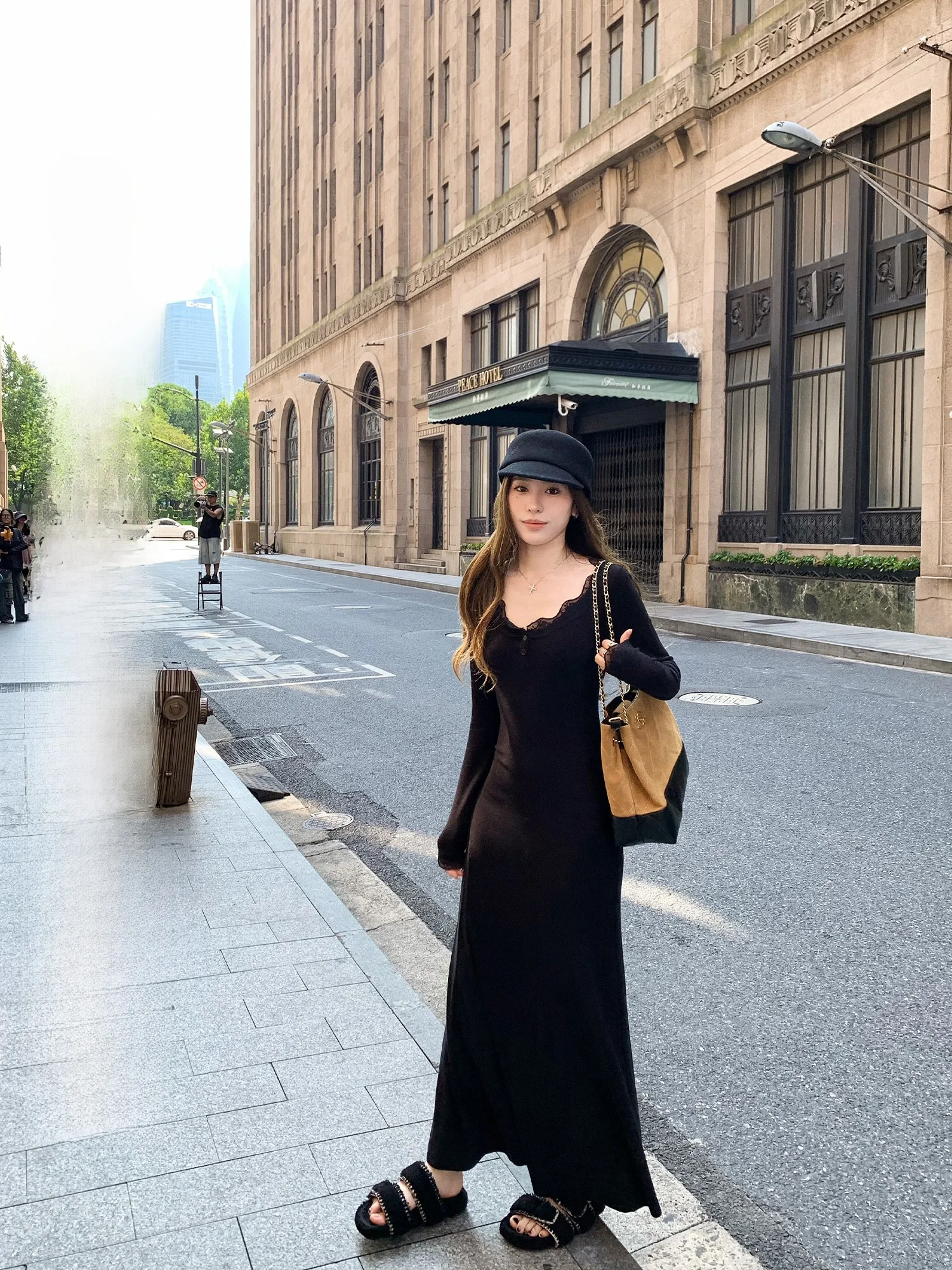 

Женское трикотажное платье Hhi Bla с кружевом и длинными рукавами, повседневное, с А-образной юбкой и двойной застежкой на пуговицах