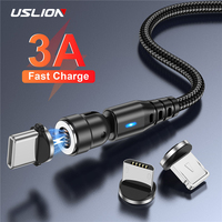 USLION 540 Rotate Magnetic Cable 3A Fast Charging For iPhone Xiaomi Micro USB Type C Wire Data Line Fast Charging Phone Cable