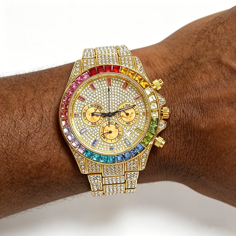 

UNIGUET Rainbow Iced Out Watches Mens Hip Hop Full Diamond Watch Luxury Gold Jewelry Quartz Wristwatch For Man 2026 Hot Sale