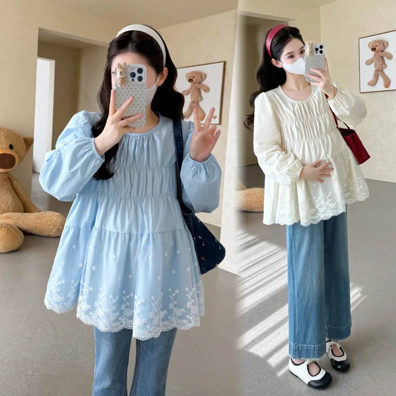 الحلو الدانتيل تقليم الحمل بلوزة الخريف فلوي بيتر بان طوق أعلى المؤنث شيك قميص أمومة مريحة أنيقة ملابس الأم