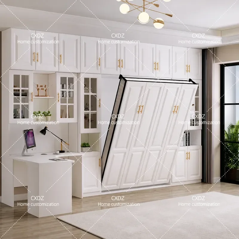 Invisible Wall Bed with Desk and Top Cabinet Space Saving Folding Murphy Bed Integrated Storage Unit for Small Rooms Home