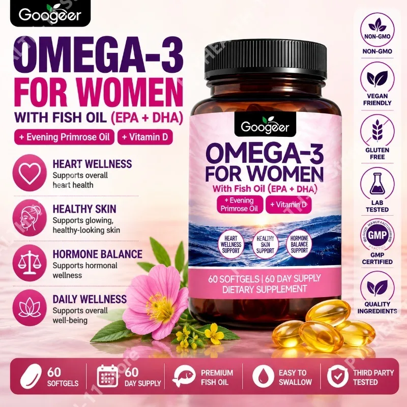 Googeer Omega-3 for Women Softgels Daily Wellness Support with Fish Oil EPA DHA Evening Primrose Vitamin D 60 Softgels