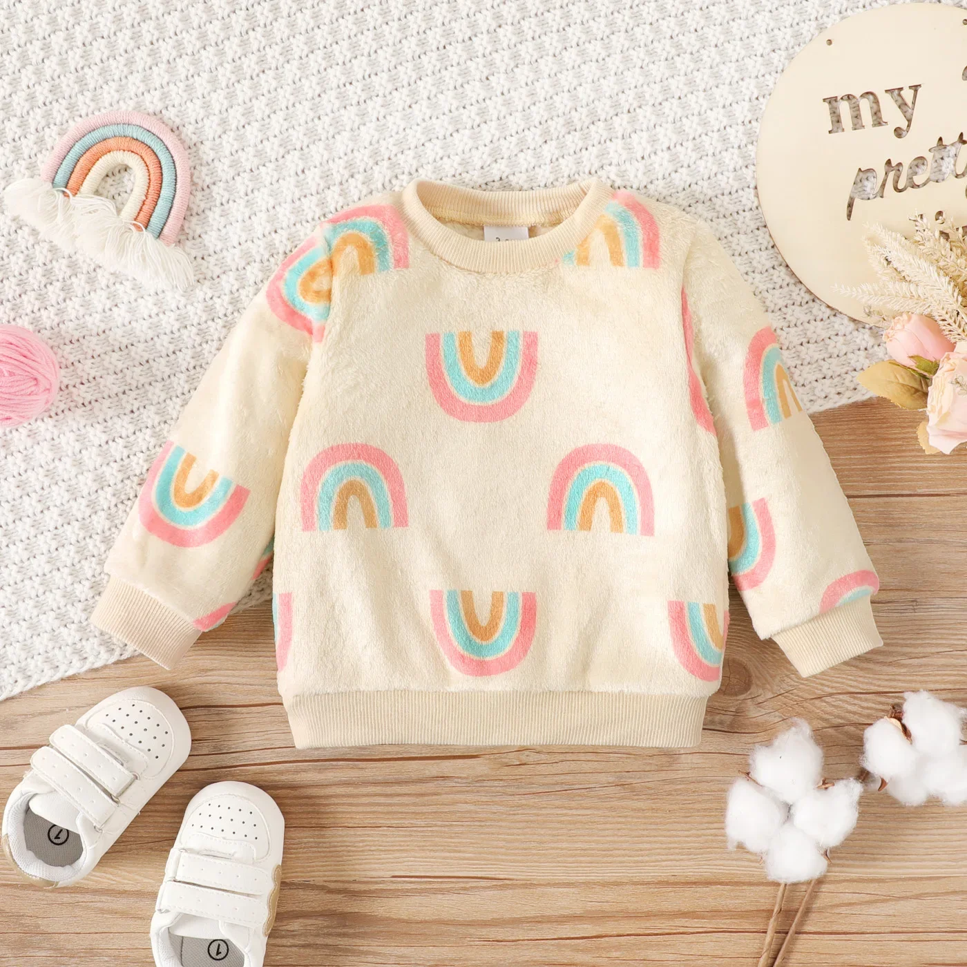 PatPat Baby Boy/Girl Allover Rainbow Print Long-sleeve Fuzzy Sweatshirt Soft and Comfortable  Perfect for Outings and Daily Wear