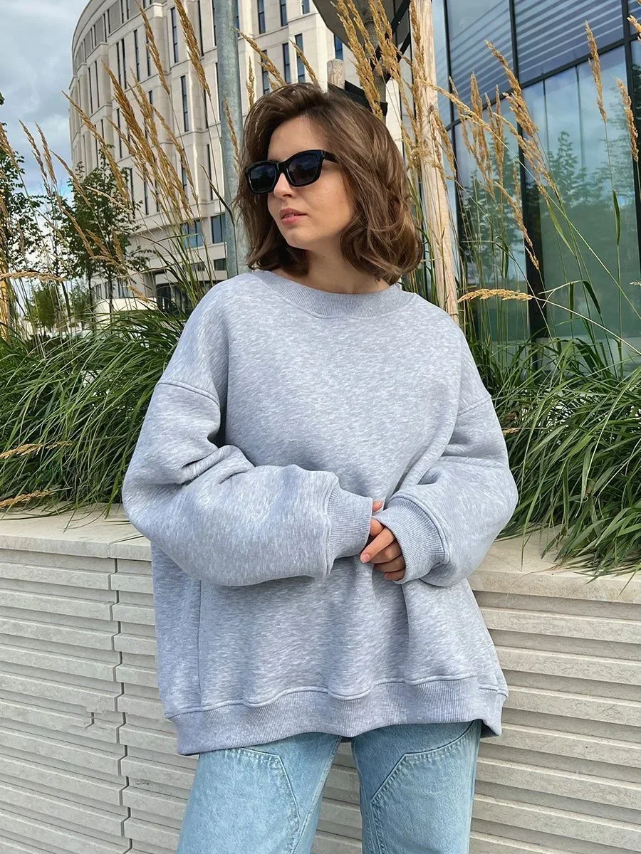 Women Sweatshirts Long Sleeve O Neck Solid Color Hoodies Pullover Loose Fit High Street Sports Casual Slight Stretch Autumn